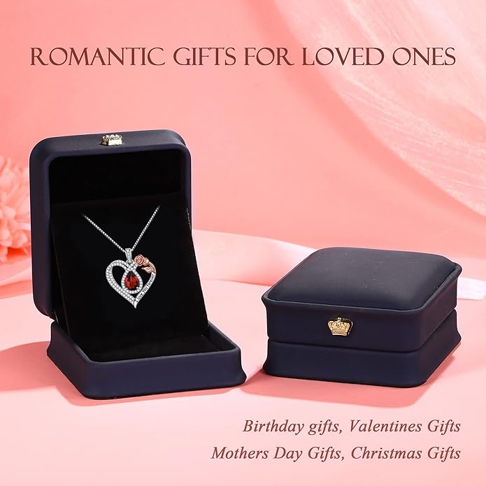 Hidepoo Christmas Gifts for Women Mom Wife - Sterling Silver Rose Heart Birthstone Necklace I Love You Forever Heart Pendant Teardrop Necklace Jewelry Anniversary Valentines Christmas Birthday Gifts