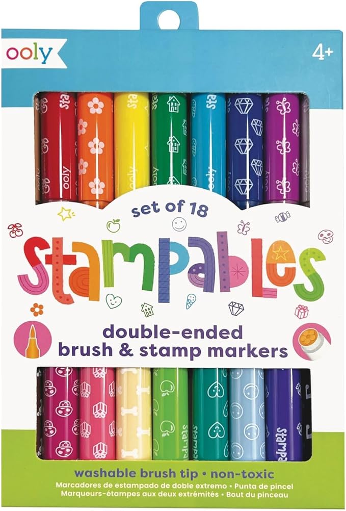 Ooly 18 Double-Sided Stamping Markers, Easter Activities for Kids - Brush Tip plus Stamp, Cute School Suplies - DOUBLE-ENDED STAMP MARKERS