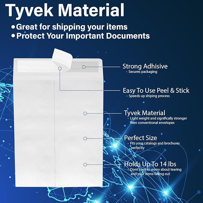 10x13 Envelopes, Tyvek Envelopes, Mailing Envelopes 10x13, Catalog Envelopes, Self Sealing Closure, Tyvek Material, 14 lb., Puncture, Tear & Moisture Resistant, Bulk (50 Pack)