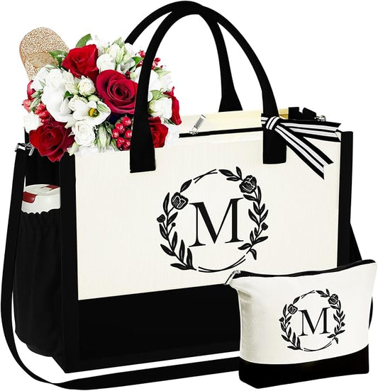YOOLIFE Christmas Gifts for Women - Initial Canvas Tote Bag & Makeup Bag, Birthday Gifts for Women Her Mom Teacher Friend