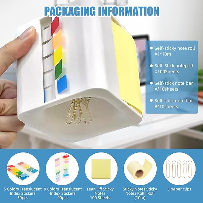 5-in-1 Note Dispenser and Holder with Self-Adhesive Notepad and Color Flat Labels, Note Organizer for Home, School, Office (White)