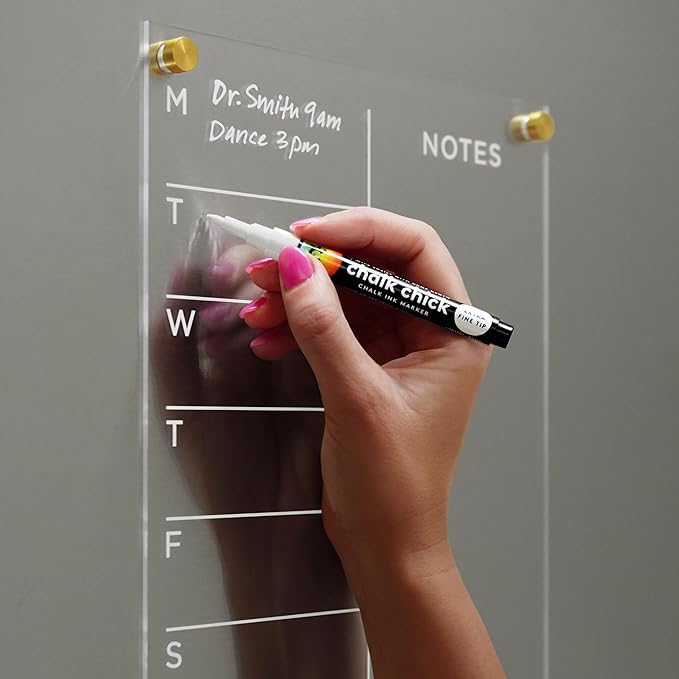 Magnetic Acrylic Weekly Calendar for Fridge, Weekly Meal Planner with Notes, Includes 4 Magnetic Wet-Erase Markers for Refrigerator, 9" X 12" | Silver Hardware