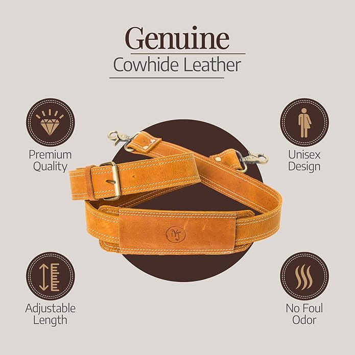 NJ Leatherworks Leather Bag Strap, Adjustable Replacement Shoulder Strap for Messenger, Duffel, Laptop, Camera Bags or Purses