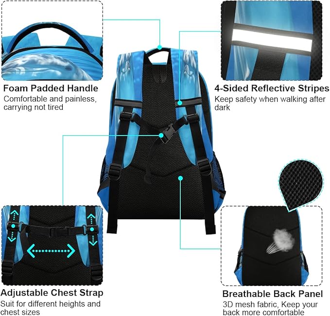 AUUXVA Cute Dolphin Sea Ocean Backpack School Bookbag Laptop Purse Casual Daypack for Teen Girls Women Boys Men College Travel