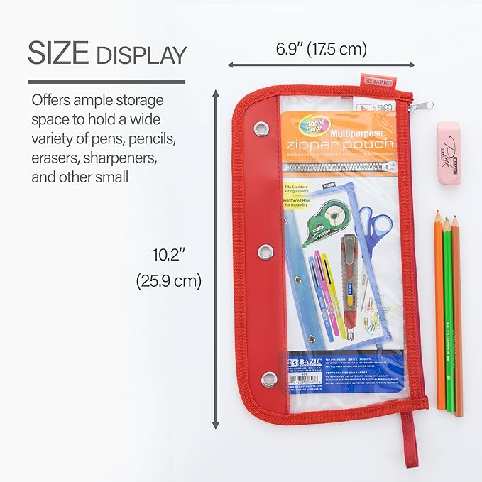 BAZIC Pencil Pouch 3 Ring Binder Pouch w/Rivet Enforced Rings Holes, 11.5"x6.5" Clear Color, Zipper Pouches Case Cosmetic Bag, 6-Pack