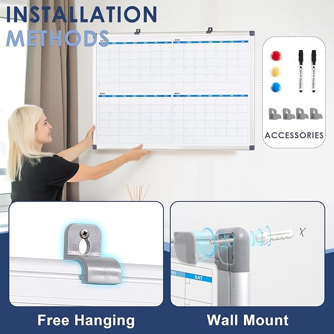 MAKELLO Large Magnetic Dry Erase Calendar Whiteboard Quarterly for Home, Bedroom, Office, Classroom, 4 Months, 36x24 in