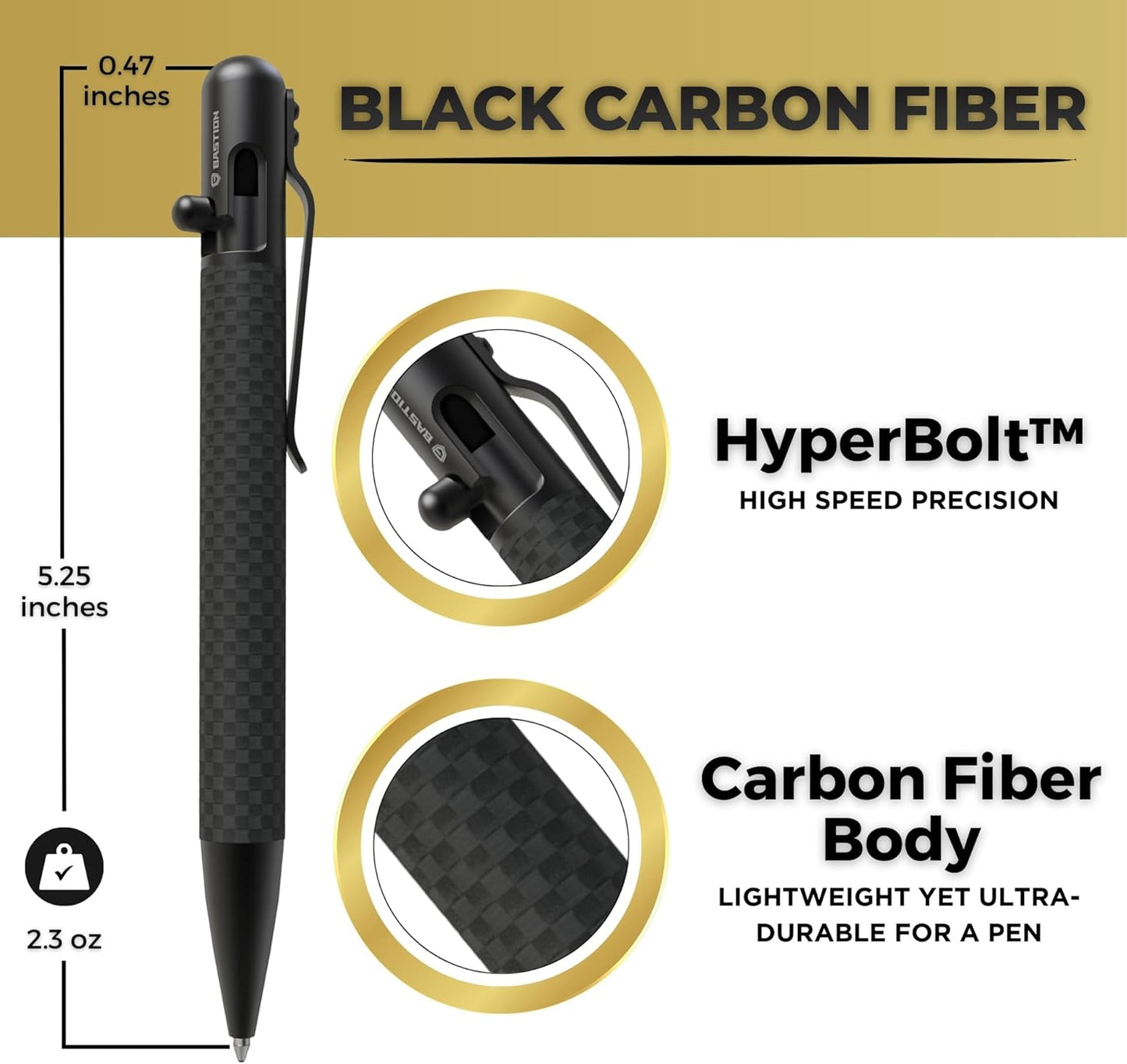 BASTION® Luxury Carbon Fiber Bolt Action Pen Durable Professional Ballpoint Pen for Travel, School and Work Birthday Gift Idea - Black Stainless Steel