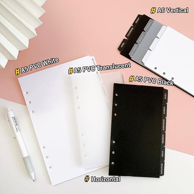 DY.2ten Black Dividers for 6 Ring Binder, 6-Tab Sturdy Plastic Dividers, A6 Index Divider, 6 Hole Binder Dividers, Insertable Notebook Planner Tab Dividers for Binders