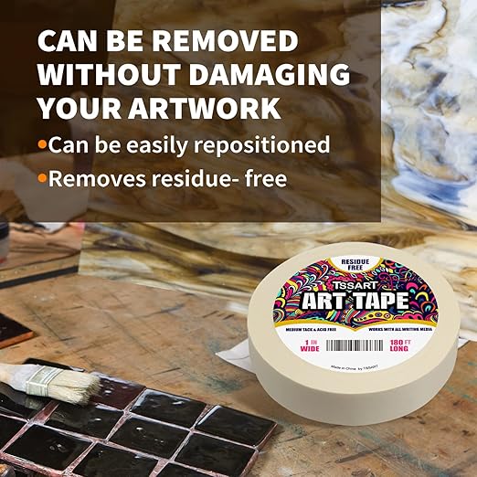 White Art Tape Medium Tack - Masking Artists Tape for Drafting Art Watercolor Painting Canvas Framing - Acid Free 1inch Wide 180FT Long