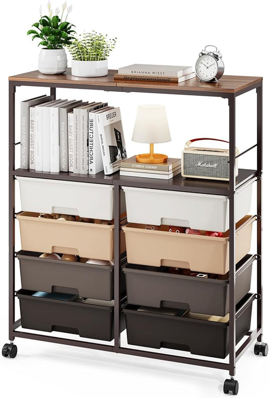 8 Drawers Rolling Storage Cart with Wooden Top, Multipurpose Utility Cart with Opening Shelf & Lockable Wheels, Storage Drawer Cart Organizer for Home Office Craft Room Classroom, Brown