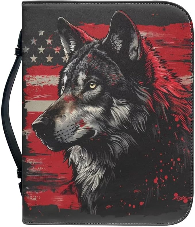 Lotusorchid American Flag Wolf Bible Bags, Faux Leather Bible Covers with Handle Pockets for Women, Portable Sturdy Bible Bag for Men, Christian Bible Study Accessories, Black and Red, 2XL