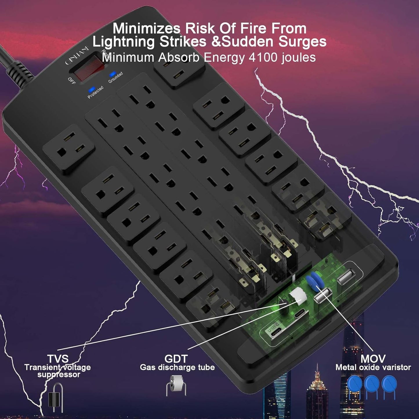 QINLIANF Surge Protector Power Strip - 10Ft Flat Plug Heavy Duty Extension Cord with 24 Outlets and 4 USB Ports(2 USB-C Ports), 1875W/15A, 4100J, for Home, Office, Dorm, ETL Listed, Black