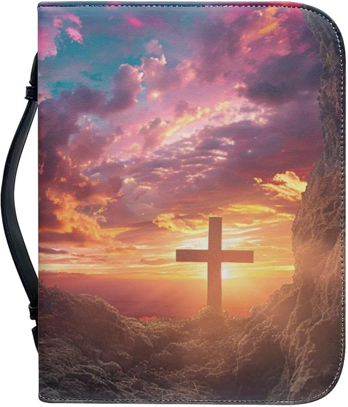Lotusorchid Bible Book Cover for Women, Cross Print Bible Cover Case Sturdy Zippered Bible Carrying Case with Handle Pocket Portable Bible Bag for Bible Study, Pink, XL
