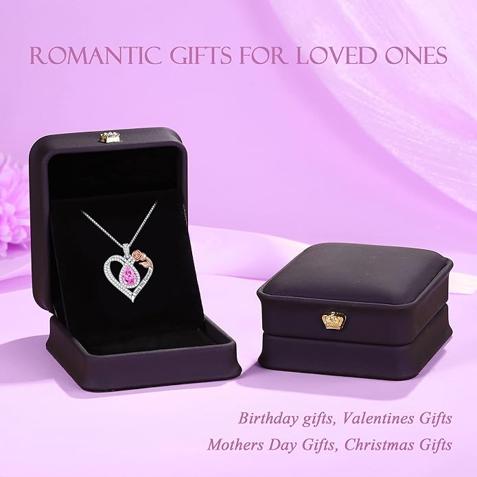 Hidepoo Christmas Gifts for Women Mom Wife - Sterling Silver Rose Heart Birthstone Necklace I Love You Forever Heart Pendant Teardrop Necklace Jewelry Anniversary Valentines Christmas Birthday Gifts
