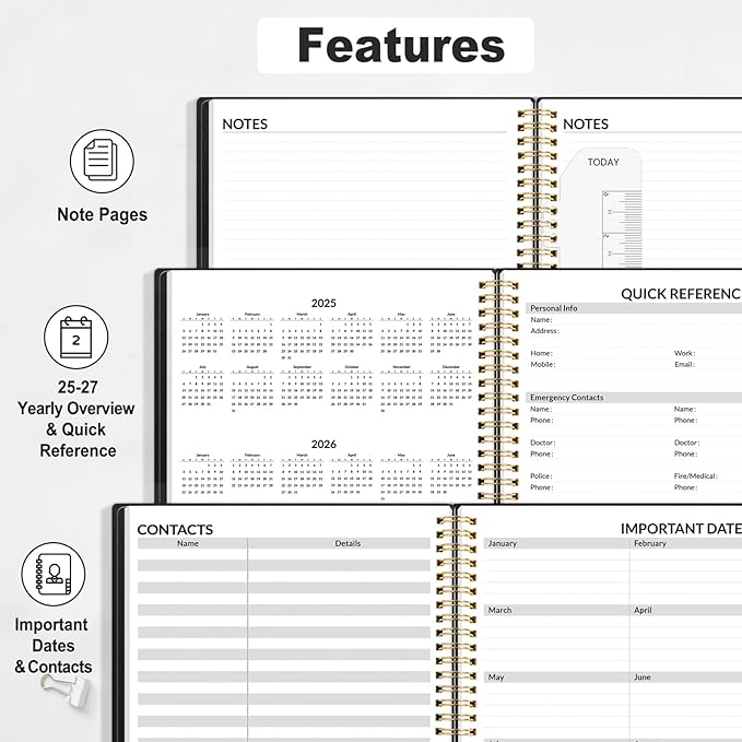 SUNEE 2025 Appointment Book, Quarter-Hourly, Weekly & Monthly - from January 2025 - December 2025, 8.5"x11" Weekly Planner, Flexible Cover, Note Pages, Pockets, Bookmark, Spiral Binding, Black