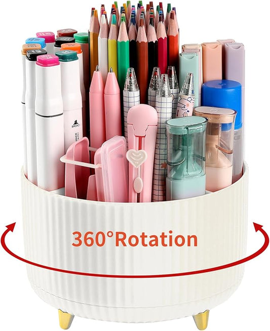 Desk Pen Holder, 5 Slot 360 Rotating Pen Organizer for Desk, Desktop Storage Stationery Supplies Organizer, Cute Pencil Cup Pot for Office, School, Home, Art Supply, Beige