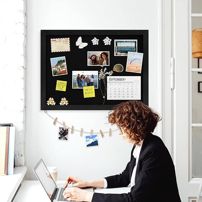 Double-Sided Black Cork Board with Linen, 36" x 24" Hanging Wood Framed Large Bulletin Board, Picture Display Vision Board Kit Corkboards for Wall Room School Office Decor, 20 Pushpins