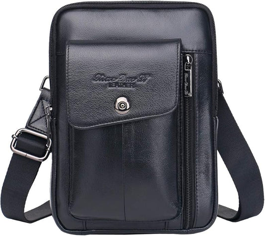 Hebetag Small Leather Sling Shoulder Bag Messenger Pack for Men Women Outdoor Travel Business