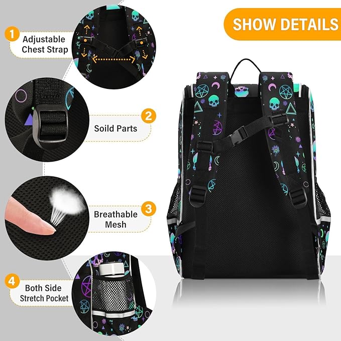 Magic Skull Backpack with Reflective Strip for Kids Boys Girls Elementary School Bag Removable Chest Strap