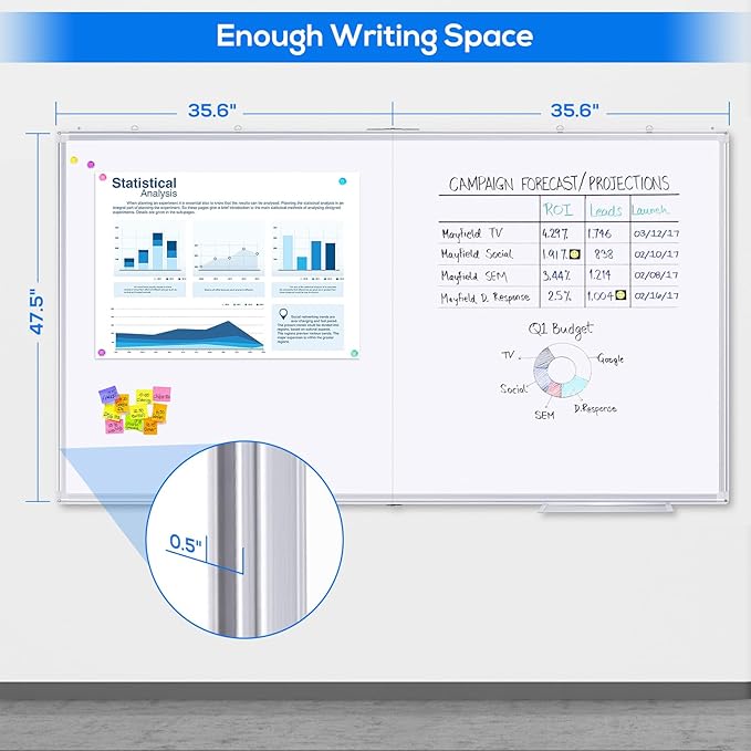 Large Whiteboard for Wall 72"X48", White Board Dry Erase 6' x 4' Magnetic Whiteboard Foldable Wall-Mounted Aluminum Frame Marker Board with a Long Pen Tray for School, Classroom, Office & Home