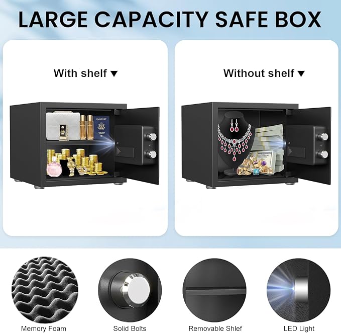 Kavey 0.8 Cub Safe Box, Home Safe with Backlit Touch Screen Keypad and Dual Alarm System, Money Safe Fireproof With Mute Function and LED Light, Small Safe for Money Document Valuables