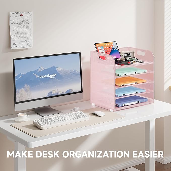 5 Tier Paper Organizer with Handle, Metal Mesh Desk Organizer File Folder Organizer Paper Letter Tray Desktop Document Sorter for Classroom, School, Office Organization and Storage - Pink