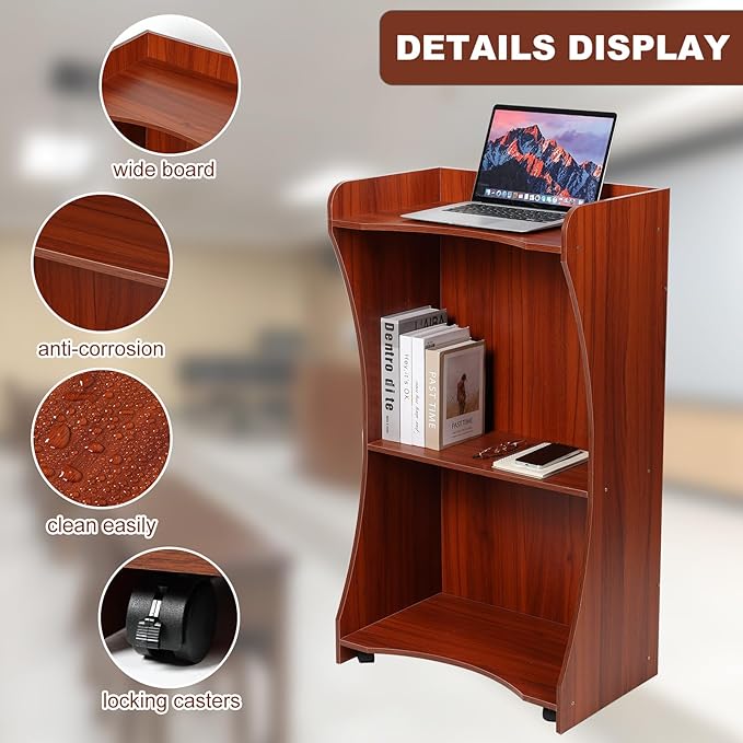 Podium Stand with Wheels, Wooden Versatile Reddish Brown Lectern for Classroom, Church Pulpits, Reception Desks, Lectures, Cash Registers