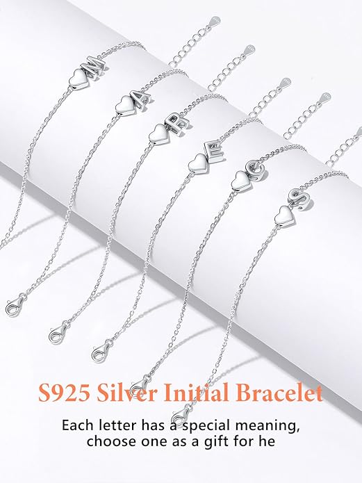 Silvora 925 Sterling Silver Dainty Initial Bracelet with Heart - 6.3" + 2" Adjustable Personalized 26 Letter Bracelet Jewelry Heart Bracelet for Women