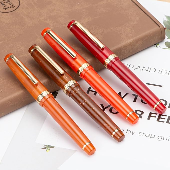 Jinhao 82 Acrylic Fountain Pen, Iridium Extra Fine Nib with Ink Converter, Transparent Coffee Fluorescent Classic Design Smooth Writing Pen (Gold Trim)