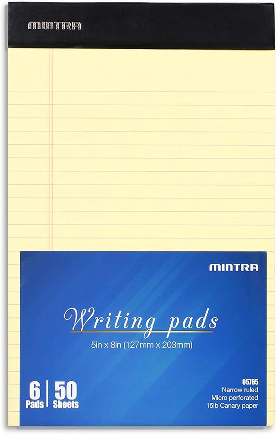 Mintra Office Legal Pads, ((xBasic, 5in x 8in, Narrow (Canary), 36pk (6-6pks)), Narrow Ruled, 50 Sheets per Notepad, Micro perforated Writing Pad, Notebook Paper for School, College, Office, Work