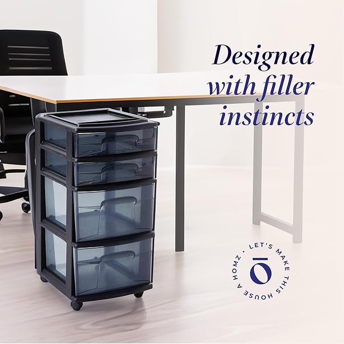 HOMZ 4-Drawer Plastic Storage Cart, Home & Office Rolling Organizer, Black-Clear