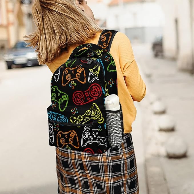 Fiokroo Game Joystick Colorful Silhouettes Backpack School Bag For Students Teens Men Women Laptop Backpacks Travel Daypack Bag With Multiple Pockets