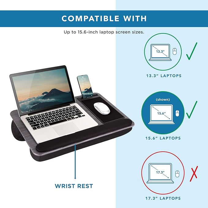 LAPGEAR Home Office Pro Lap Desk with Wrist Rest, Mouse Pad, and Phone Holder - Gray Woodgrain - Fits up to 15.6 Inch Laptops - Style No. 91595