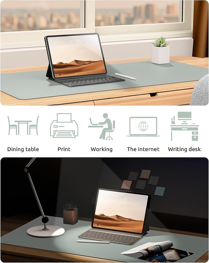 YSAGi Leather Desk Protector, Office Mat, Large Mouse Mat, Non-Slip PU Leather Blotter, Laptop Pad, Waterproof Writing Pad for Office and Home (Grayish Green, 31.5" x 15.8")