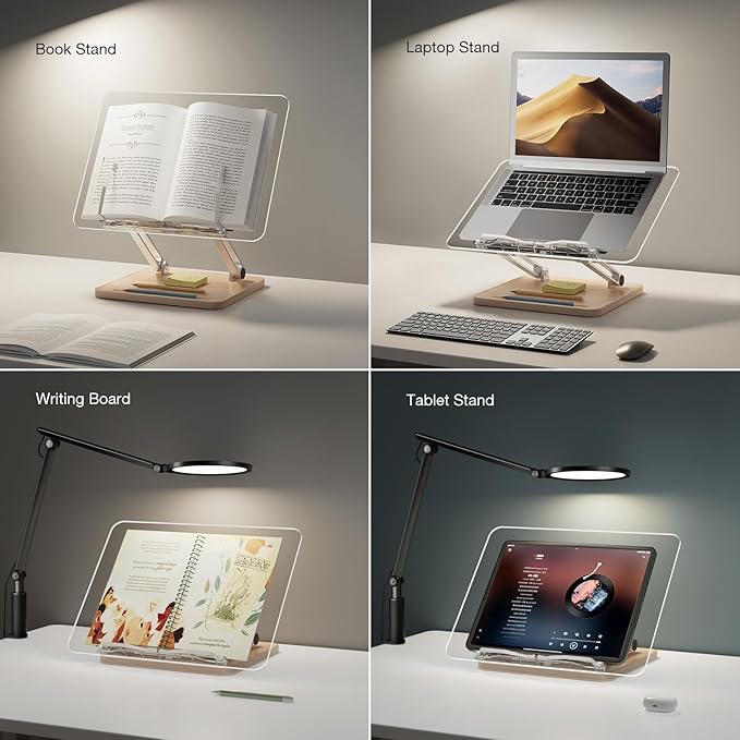 Adjustable Acrylic Book Stand for Reading, UPERGO Book Holder with Pen Slot, Foldable Desktop Riser for Laptop, Recipe, Textbook - Hands-Free,Cookbook Stand, Clear Design with Page Clips