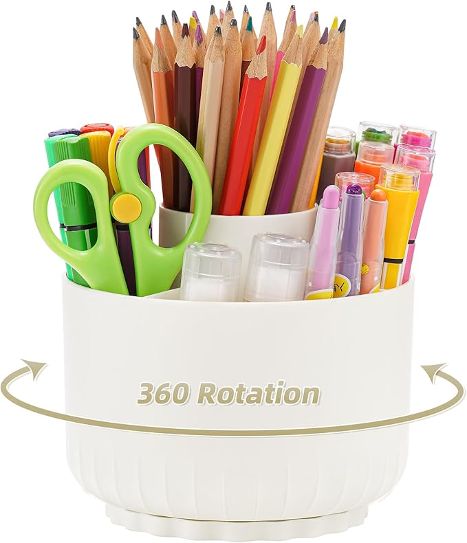 Marbrasse Desk Organizer, 360-Degree Rotating Pen Pencil Holder for Desk, Desk Organizers and Accessories with 5 Compartments Pencil Organizer, Art Supply Storage Box Caddy for Office, Home(Beige)