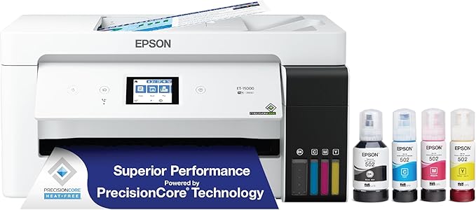 Epson EcoTank ET-15000 Wireless Color All-in-One Supertank Printer with Scanner & 522 EcoTank Ink Ultra-high Capacity Bottle Color Combo Pack (T522520-S) Works with EcoTank ET-2720