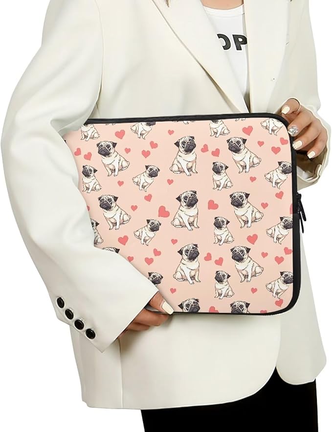 Pug Dog Printed Computer Bags for Laptops for Women, Heart Pattern Computer Carrying Cover Laptop Briefcase, 13 Inch Water Resistant Laptop Case Portable Computer Case Bag