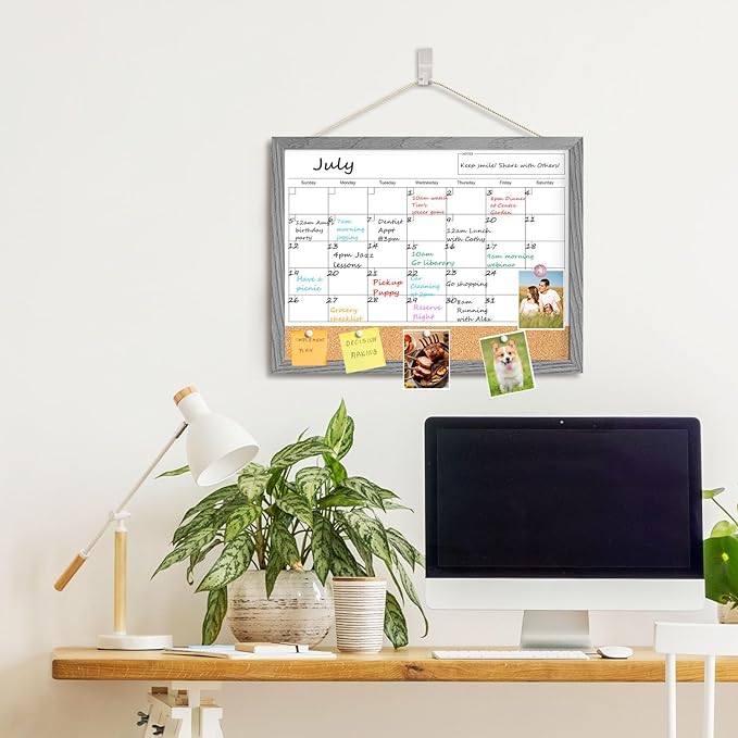 Calendar Whiteboard for Wall, Dry Erase Calendar Whiteboard Cork Board Combo, Magnetic Small White Board, Hanging Dry Erase Board for Kitchen Home Office (Graywashed)