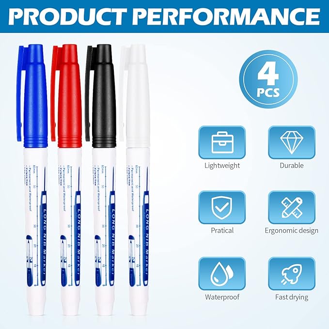 4 Pcs Deep Reach Markers Long Nose Waterproof Deep Hole Marker Carpenter Ink 30 mm Reach Permanent and Pens for Carpenters Builders Construction, 4 Colors