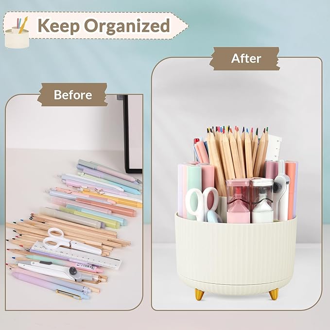 SKYDUE 360 Degree Rotating Desk Organizer, Dual-Purpose Pencil Pen Holder for Desk, Rotating Desk Pen Organizer with 5 Slots, Pencil Cup for Office, School, Home Beige