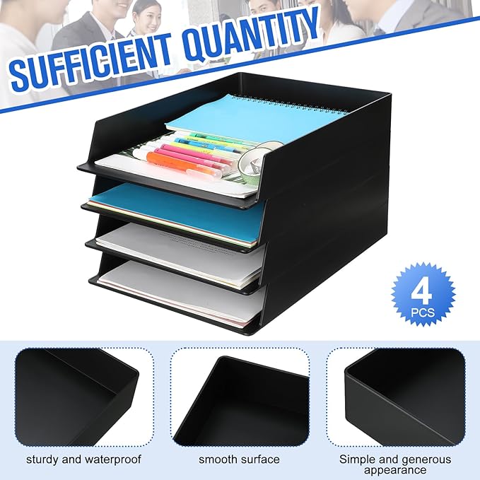 Wenqik 4 Pcs Stackable Paper Trays Rectangular Plastic Desk Tray Holder Desktop Document File Paper Organizer Plastic Storage Letter Tray for Office Classroom, Black