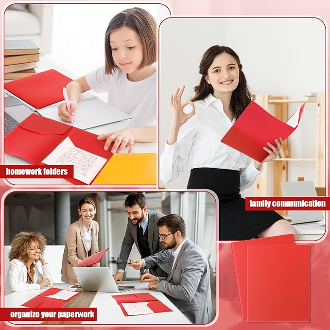 Gueevin 24 Pcs Plastic Folders with Pockets, Two Pocket Folder Fit Letter Size, Heavy Duty School Business Card Holder for Home Office School Bussiness, 11.61 x 9.45 Inches (Red)