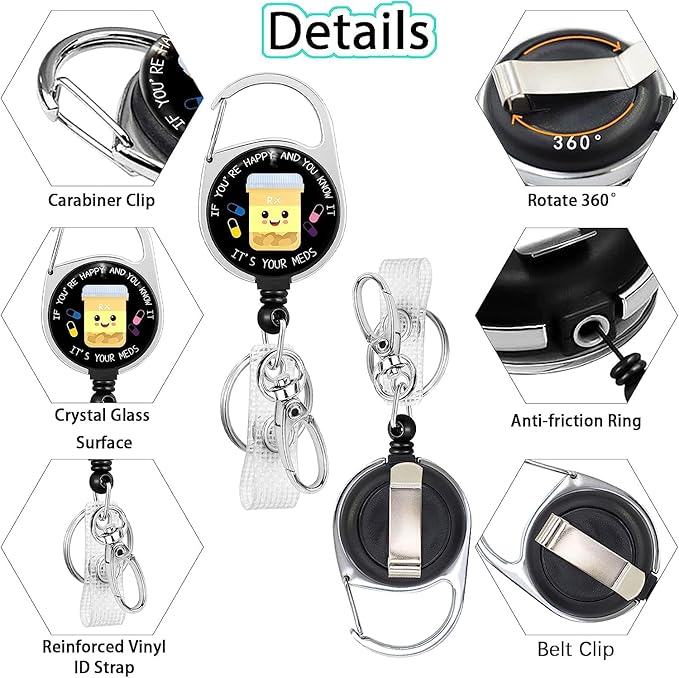 Gctriki Pharmacy Badge Reel Holder Retractable Heavy Duty with 360°Swivel Carabiner Belt Clip, Cute Pharmacist Chill ID Holder Nurses Teachers Students Retractable Keychain ID Clip Name Badge Clip