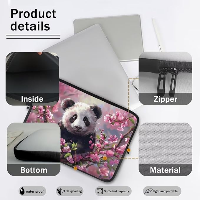 Cherry Blossom Panda Printed Laptop Bag for Women Men, Protective 13 Inch Computer Laptop Carrying Cover Laptop Sleeve Computer Bag with Zipper, Compatible with Most Laptop Computers