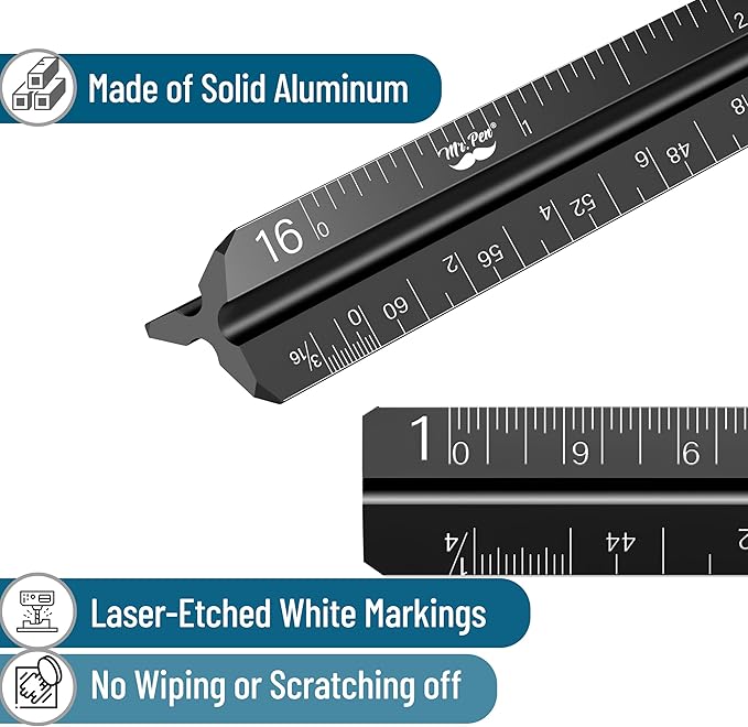 Mr. Pen- Small Architectural Scale Ruler, Aluminium, 6 Inch, 2 Pack, Black and Blue, Pocket Size Ruler, Triangle Ruler, Metal Ruler Set, Architect Scale Ruler for Blueprints