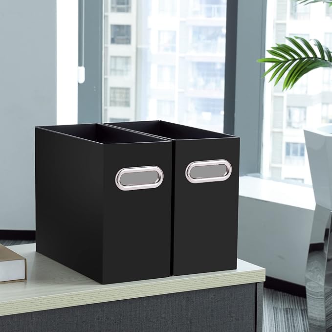 Oterri File Organizer, Small Storage Box, Cardboard File Folder Organizer, Collapsible File Box, Hanging File Organizer for Letter Size, Portable File Box with Handle, Only Box（Black，2 Packs）