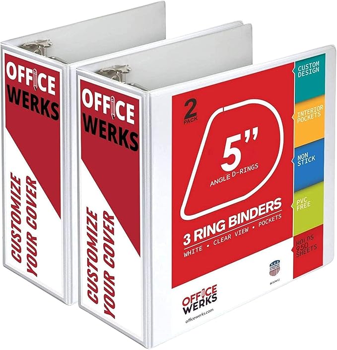 3 Ring Binder, Professional D Ring Binder 5 Inch, Presentation Folder for Standard Pages 8.5 x 11 with Pockets, Crystal Clear View White Binder (2 Pack)