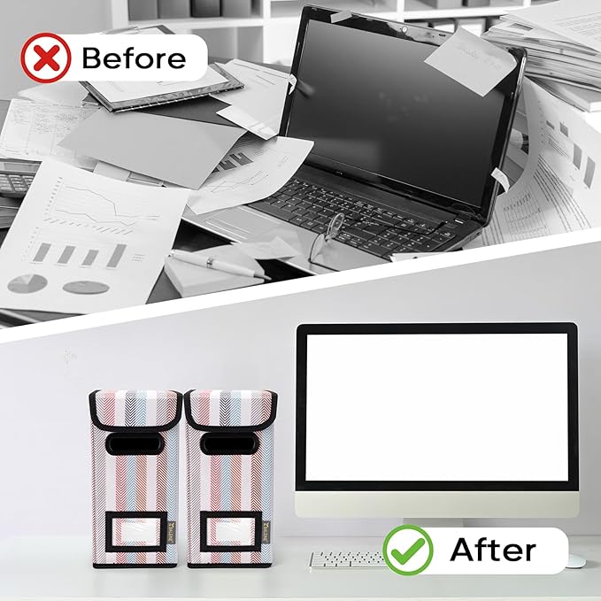 BALEINE File Organizer Box with Lid, Collapsible File Folder Organizer with Plastic Slide, Hanging File Folder Box for Office Document Storage (2 Pack, Color Stripe, S)