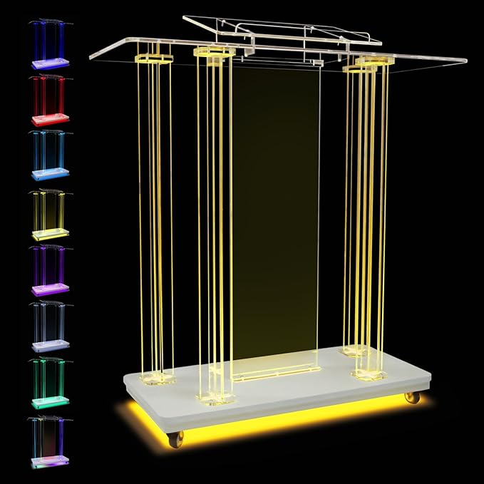 Acrylic Pulpits for Church with LED Lights 46" Tall Podium Stand with Wheels and Reading Platform, Clear Lectern for Speech, Classroom, Churches, Lecturn
